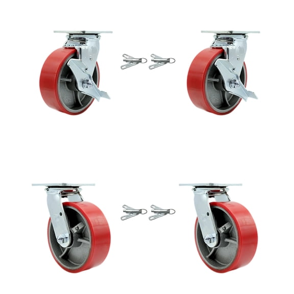 6 Inch Red Poly on Cast Iron Caster Set with Ball Bearings 4 Swivel Lock 2 Brake