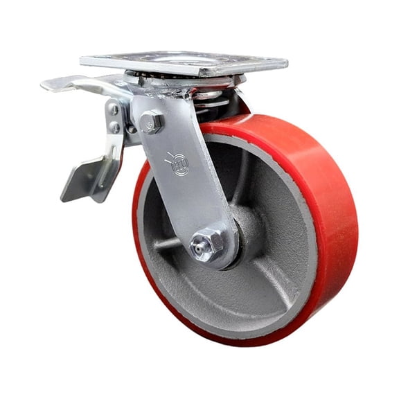 6 Inch Red Poly on Cast Iron Caster with Ball Bearing and Total Lock Brake SCC