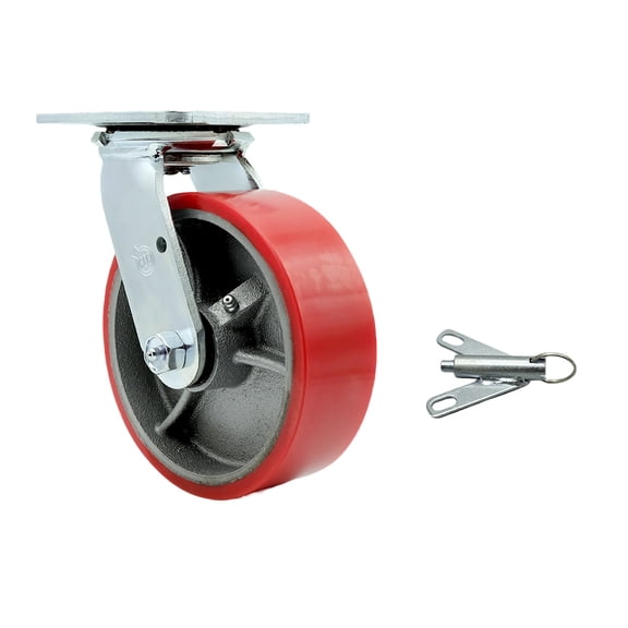 6 Inch Red Poly on Cast Iron Swivel Caster with Roller Bearing and Swivel Lock