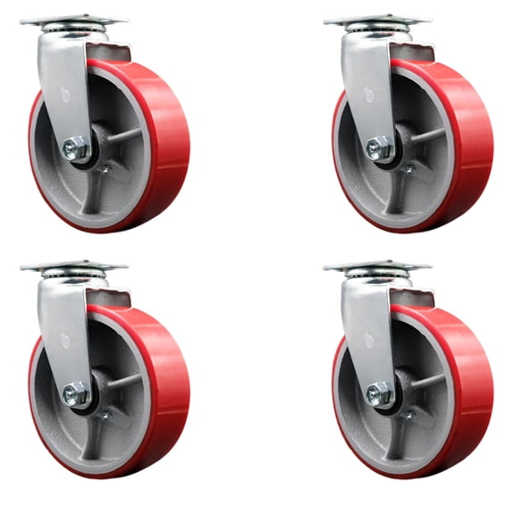 6 Inch Red Poly on Cast Iron Wheel Swivel Caster Set with Roller Bearings SCC