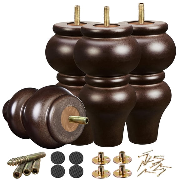 6 Inch Round Wood Furniture Legs, Espresso Eucalyptus Sofa Feet Replacement (Pack of 4) with 5/16" & M8 Bolts for Sideboard, Coffee Table, MCM Armchair Repair