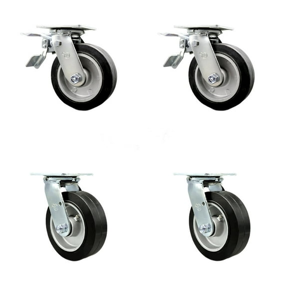 6 Inch Rubber on Aluminum Caster Set with Roller Bearing 2 Total Lock Brake SCC