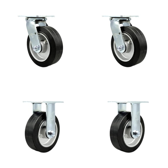 6 Inch Rubber on Aluminum Caster Set with Roller Bearings 2 Swivel 2 Rigid SCC