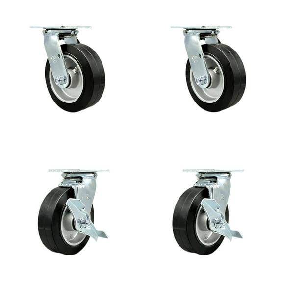 6 Inch Rubber on Aluminum Swivel Caster Set with Roller Bearing 2 Brake SCC