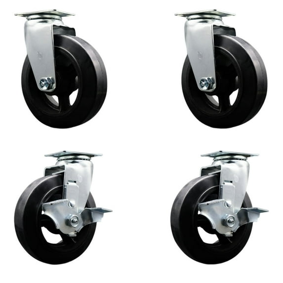 6 Inch Rubber on Cast Iron Swivel Caster Set with Ball Bearings 2 Brakes