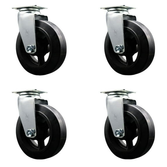 6 Inch Rubber on Cast Iron Wheel Swivel Caster Set with Ball Bearings SCC