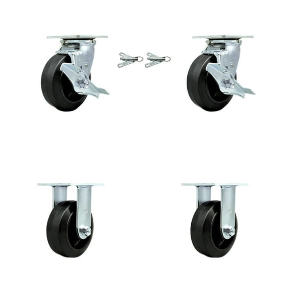 6 Inch Rubber on Steel Caster Set with 2 Brakes/Swivel Lock 2 Rigid SCC