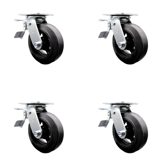 6 Inch Rubber on Steel Caster Set with Ball Bearing and Total Lock Brake SCC