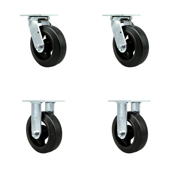 6 Inch Rubber on Steel Caster Set with Roller Bearings 2 Swivel 2 Rigid SCC