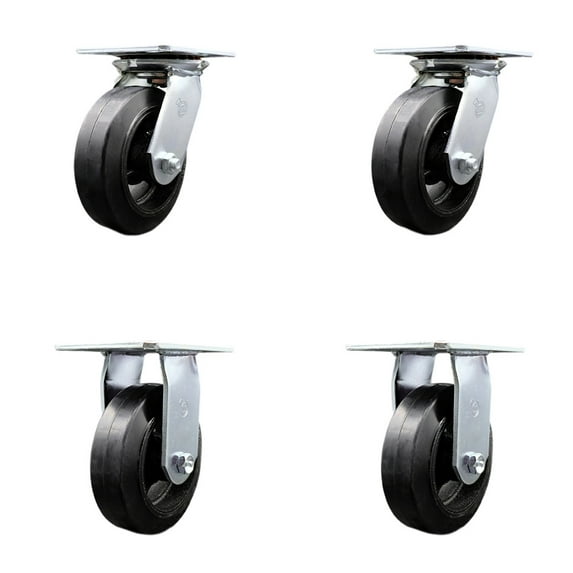 6 Inch Rubber on Steel Caster Set with Roller Bearings 2 Swivel 2 Rigid SCC