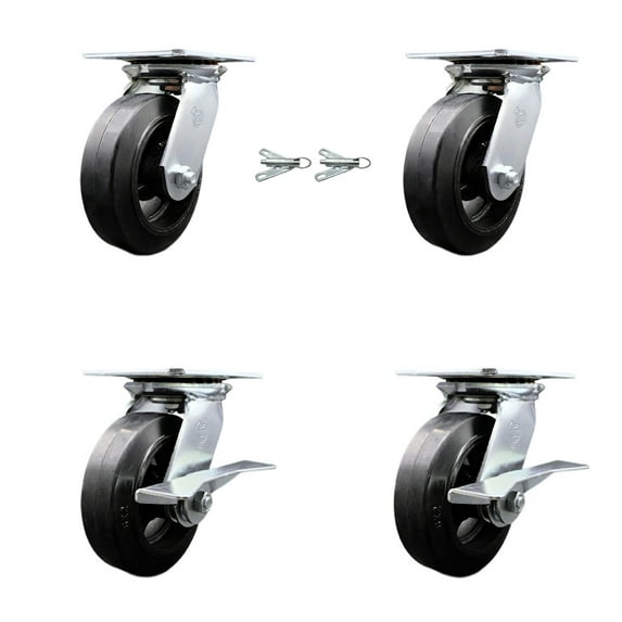 6 Inch Rubber on Steel Swivel Caster Set 2 Swivel Locks 2 Brakes Service Caster