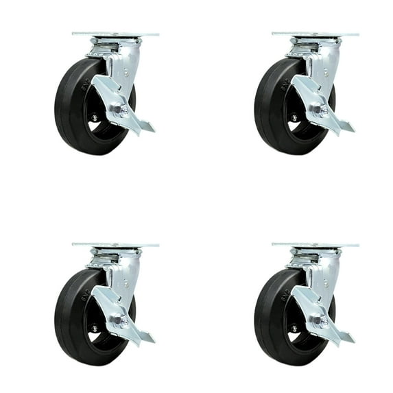 6 Inch Rubber on Steel Swivel Caster Set with Roller Bearings and Brakes SCC