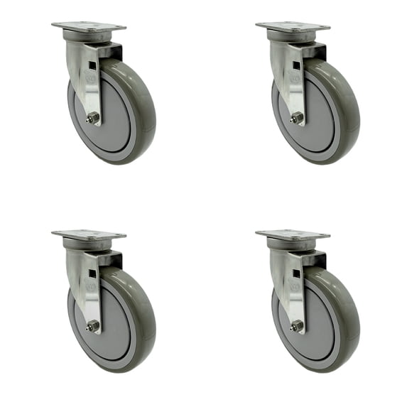 6 Inch SS Gray Polyurethane Wheel Swivel Top Plate Caster Set Service Caster