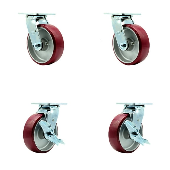 6 Inch SS Poly on Aluminum Caster Set with Delrin Bearings 2 Swivel Lock 2 Brake
