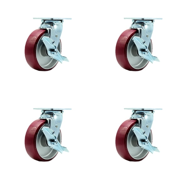 6 Inch SS Poly on Aluminum Caster Set with Delrin Bearings 4 Brake 2 Swivel Lock