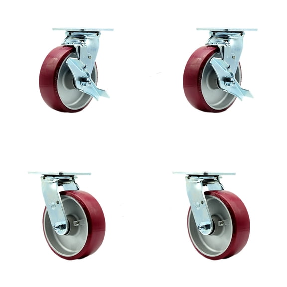 6 Inch SS Poly on Aluminum Caster Set with Delrin Bearings 4 Swivel Lock 2 Brake
