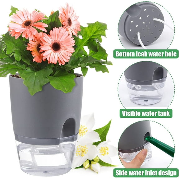 6 Inch Self Watering Planters, Self Watering Planter Pots for Indoor Plants Wicking Pots, Modern Decorative Planter Pot for Indoor Outdoor, Gray