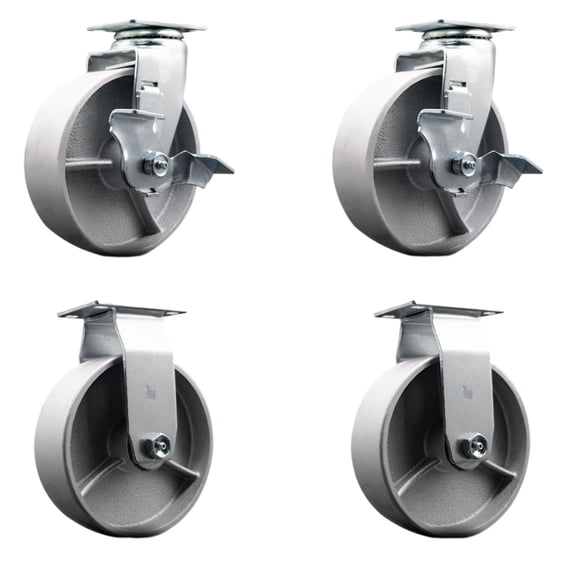 6 Inch Semi Steel Cast Iron Caster Set with Ball Bearings 2 Brakes 2 Rigid