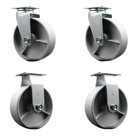 6 Inch Semi Steel Cast Iron Caster Set with Roller Bearings 2 Swivel 2 Rigid