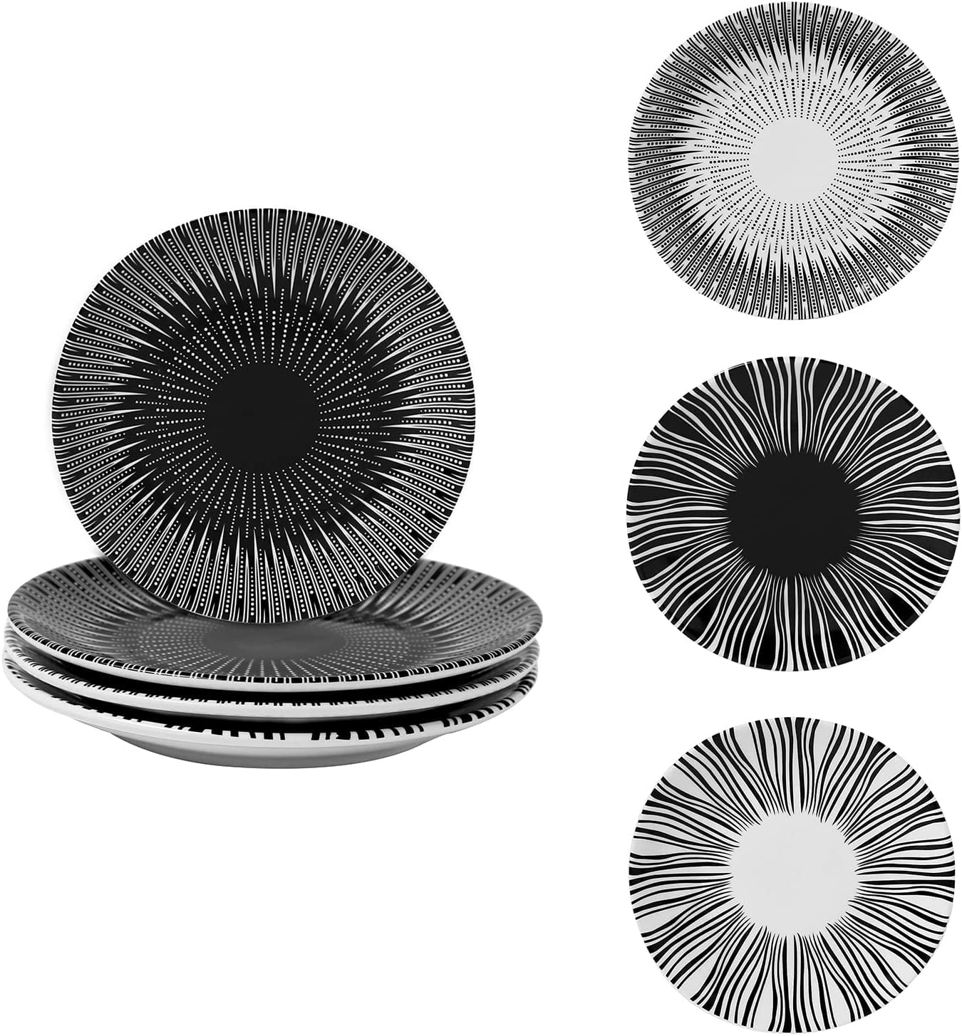 6 Inch Set of 4 Assorted Designs Porcelain Plates With Patterns Black ...