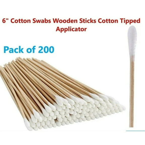 6 Inch Single Head Degreased Wood Rod Cotton Swabs, Soft Absorbent Cotton Tips For Safe Cleaning, Long Sturdy Birch Wood Rod For Precise Application, 200Pc Bulk Pack For Ear