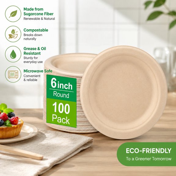 6 Inch Small Paper Plates 100 Pack, Compostable & Eco Friendly Disposable Plates for Dessert, Cake, Appetizer, Brown Bulk