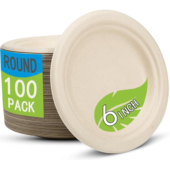 6 Inch Small Paper Plates Disposable - Biodegradable Compostable Appetizer Plates for appetizer, Party, Cake, Snacks Dessert (100 Pack, Heavy Duty Eco-Friendly) anti-slip Brown