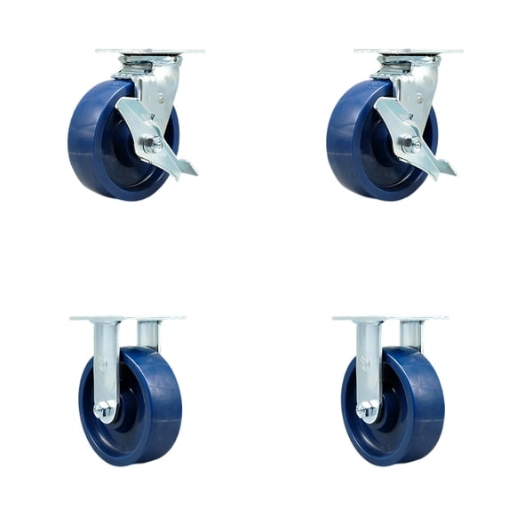 6 Inch Solid Polyurethane Caster Set with Roller Bearings 2 Brakes 2 Rigid SCC