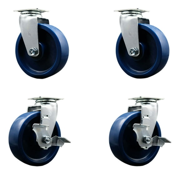 6 Inch Solid Polyurethane Swivel Caster Set with Roller Bearings 2 Brakes