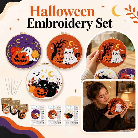 6 Inch Spooky Embroidery Kit, Beginner Hand Embroidery Set, Complete Needlework Kit with Bat Black Cat, Jack O Lantern, Moon and Stars Pattern for Diy Halloween Decor