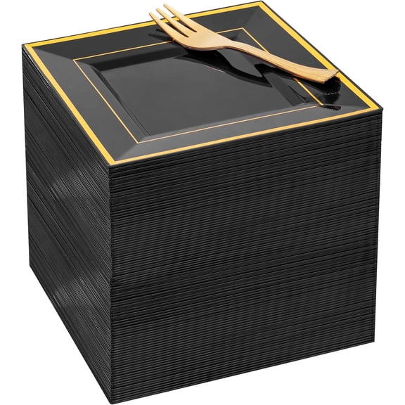 6 Inch Square Black and Gold Disposable Dessert Plates with Plastic Forks