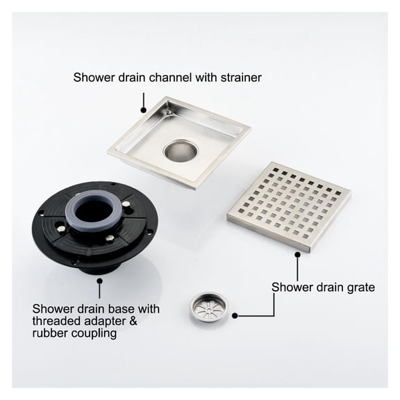 6 Inch Square Shower Drain - Bathroom Floor Drain with Grid - Rustproof Stainless Steel Shower Grate - Easy Uninstall Drain for Bathroom, Kitchen, Pool