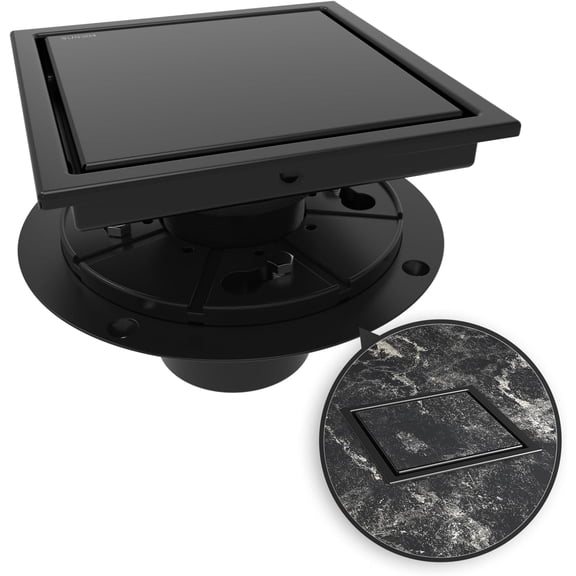 6 Inch Square Shower Drain Floor with Flange Reversible 2-in-1 Cover Tile Insert Grate Removable SUS304 Stainless Steel CUPC Certified Matte