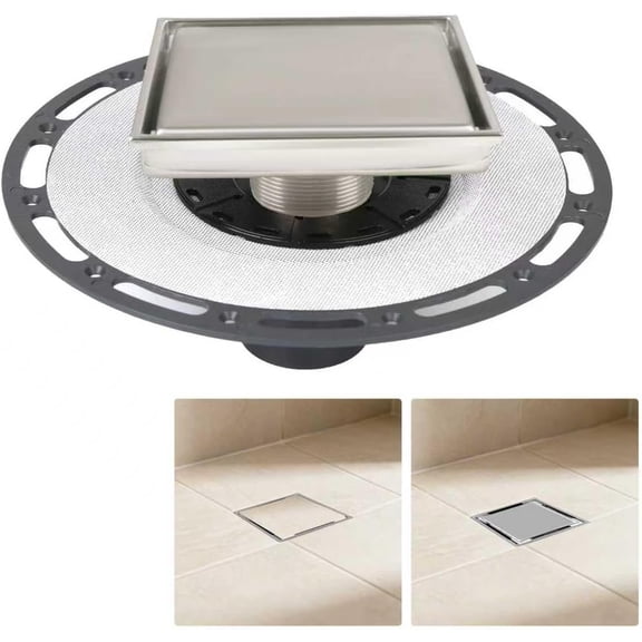 6-Inch Square Shower Drain Kit with Tiled Insert Grate, Brushed Stainless Steel Cover, PVC Bonding Flange & Hair Strainer, Fits 2" & 3" Pipes for Tiled Floors