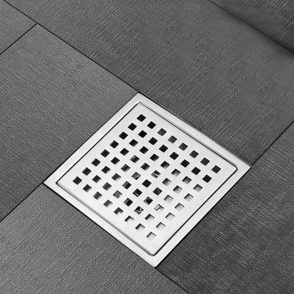 6 Inch Square Shower Drain - Removable Square Patterned Grate 304 Stainless Steel with Flange & Hair Strainer Brushed Nickel