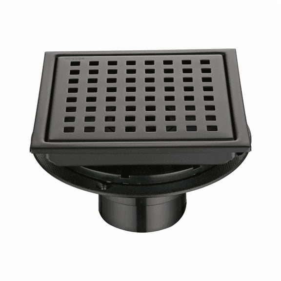 6 Inch Square Shower Drain with Removable Patterned Grate - Matte Black 304 Stainless Steel Floor Drain with Hair Strainer and Flange