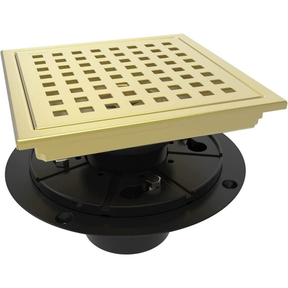 6 Inch Square Shower Floor Drain with Flange,Quadrato Pattern Grate Removable,Food-Grade SUS 304 Stainless Steel,Watermark&CUPC Certified, Brushed Gold