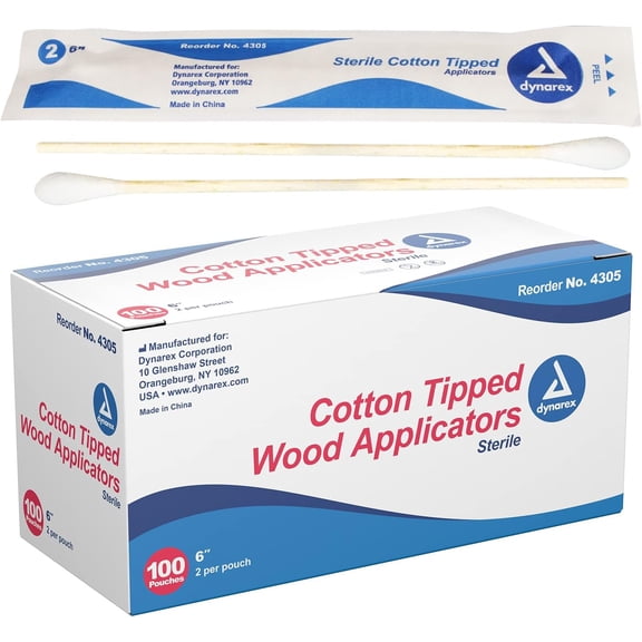 6-Inch Sterile Cotton Tipped Applicators - Single-U Wooden Tip for Wound Care & Dressing, Hygiene, Make Up, Cleaning Tools, Jewelry 1 Box of 100 Pouches, 2 per Pouch