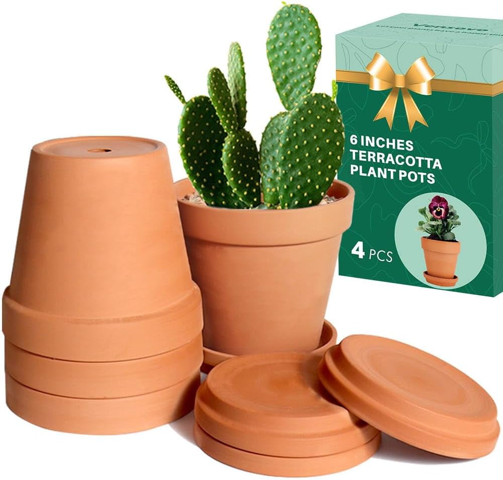 6 Inch Terracotta & Clay Pots for Plant with Saucer - 4 Pack Medium