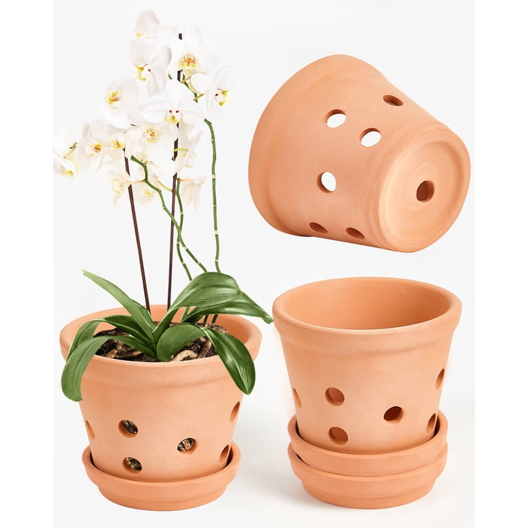 6 Inch Terracotta Orchid Pots with Holes and Saucers - 3 Pcs Small