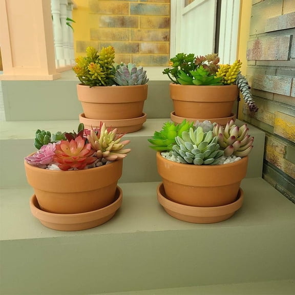 6 Inch Terracotta Shallow Planters with Saucer/Tray,Ceramic Flower Clay Pots with Drainage Hole,Unglazed Cactus/succlent Containers Indoor Garden Bonsai Pots,4PCS