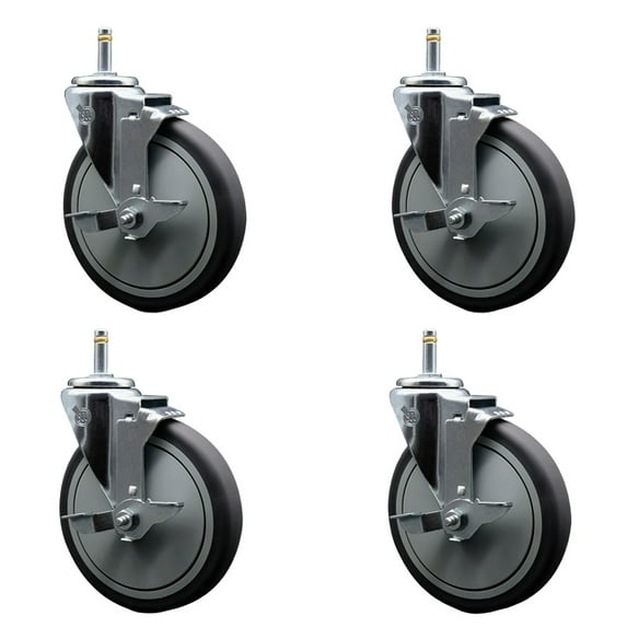 6 Inch Thermo Rubber Swivel 7/16 Inch Grip Ring Stem Caster Set with Brake