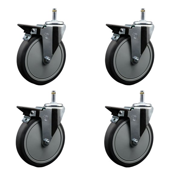 6 Inch Thermo Rubber Swivel 7/16 Inch Grip Ring Stem Caster Set with Brake