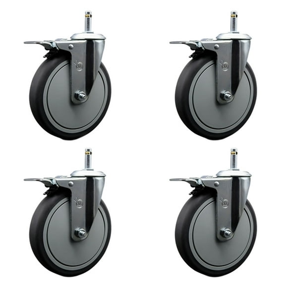 6 Inch Thermo Rubber Swivel 7/16 Inch Stem Caster Set with Total Lock Brake