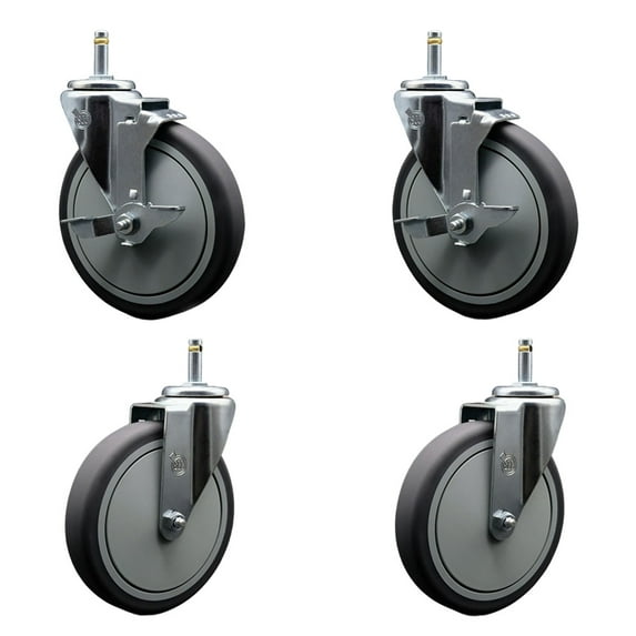 6 Inch Thermo Rubber Wheel Swivel 7/16 Inch Grip Ring Stem Caster Set 2 Brake