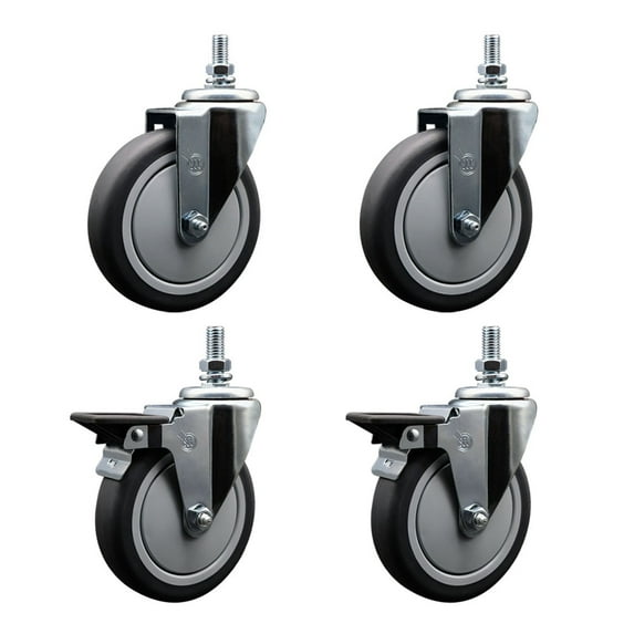 6 Inch Thermoplastic Rubber 10MM Threaded Stem Caster Set 2 Brakes SCC