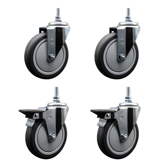 6 Inch Thermoplastic Rubber 12MM Threaded Stem Caster Set 2 Brakes SCC