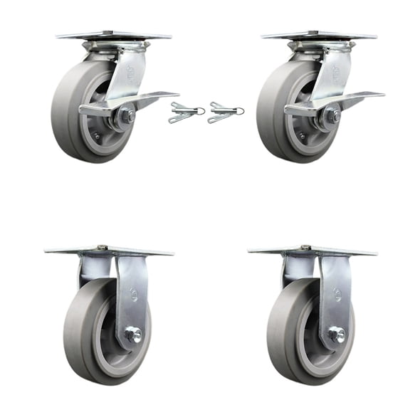 6 Inch Thermoplastic Rubber Caster Set 2 Brakes/Swivel Locks and 2 Rigid SCC