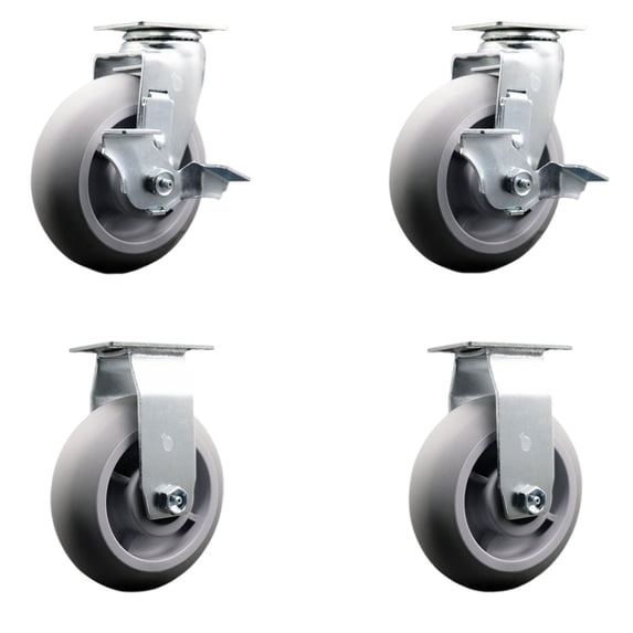 6 Inch Thermoplastic Rubber Caster Set with Ball Bearings 2 Brakes 2 Rigid