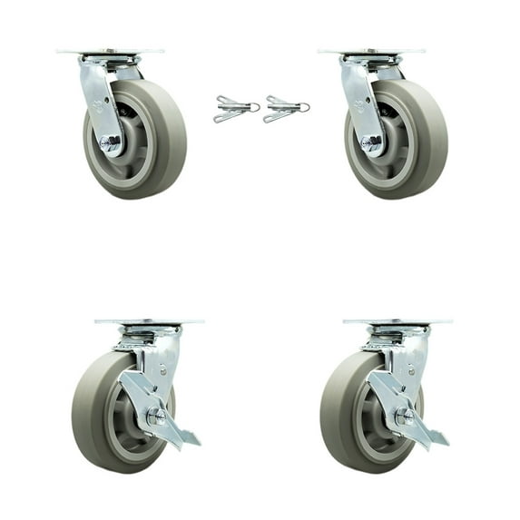 6 Inch Thermoplastic Rubber Caster Set with Roller Bearing 2 Swivel Lock 2 Brake